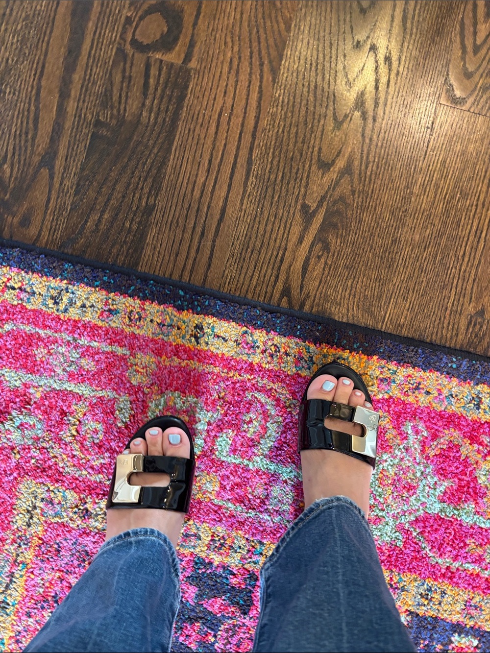 Diane Von Furstenberg Black Patent Slide Sandals with Gold Buckle - Kids